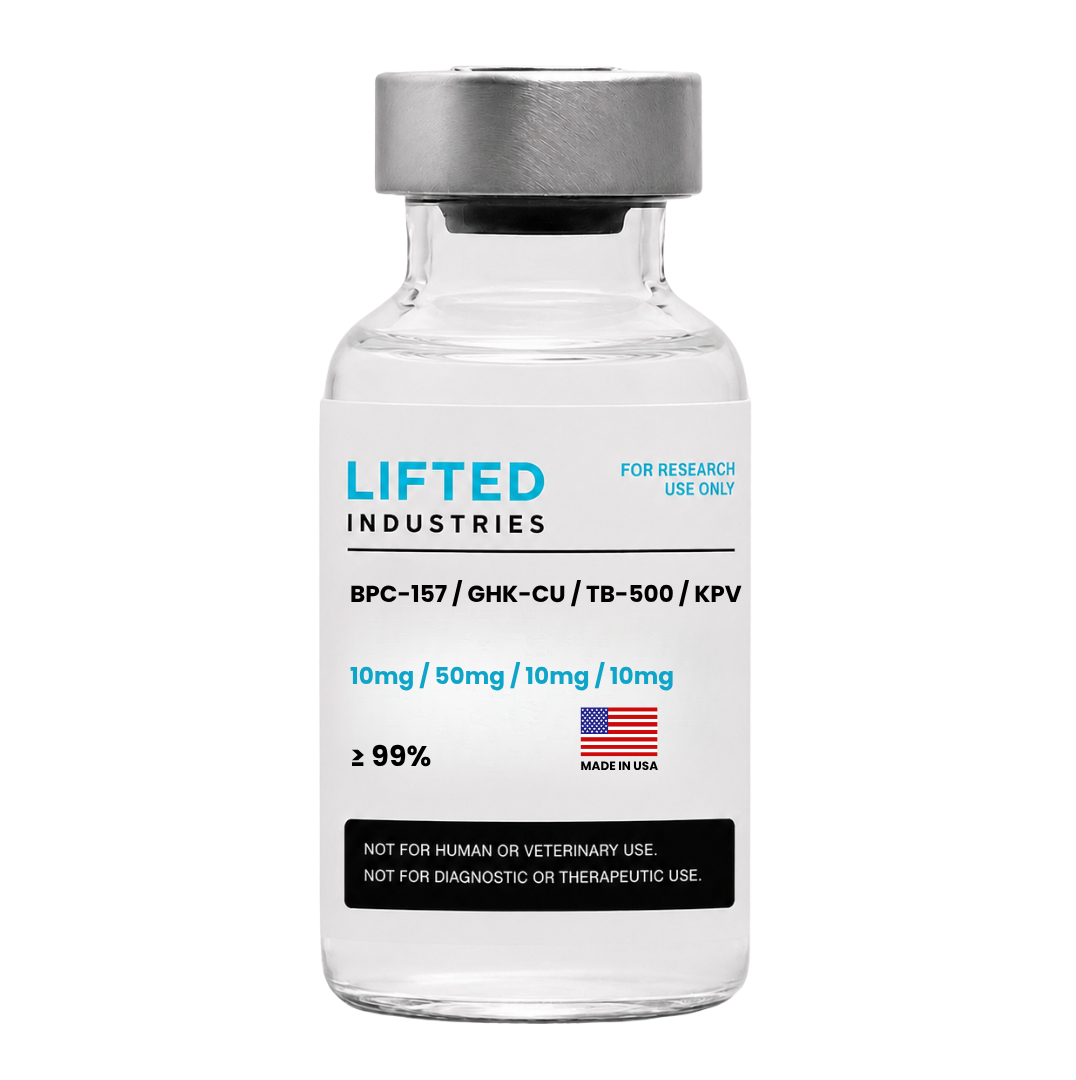 Lifted Industries wholesale research peptide vial — BPC-157, GHK-Cu, TB-500 and KPV blend, 10mg/50mg/10mg/10mg, for research use only