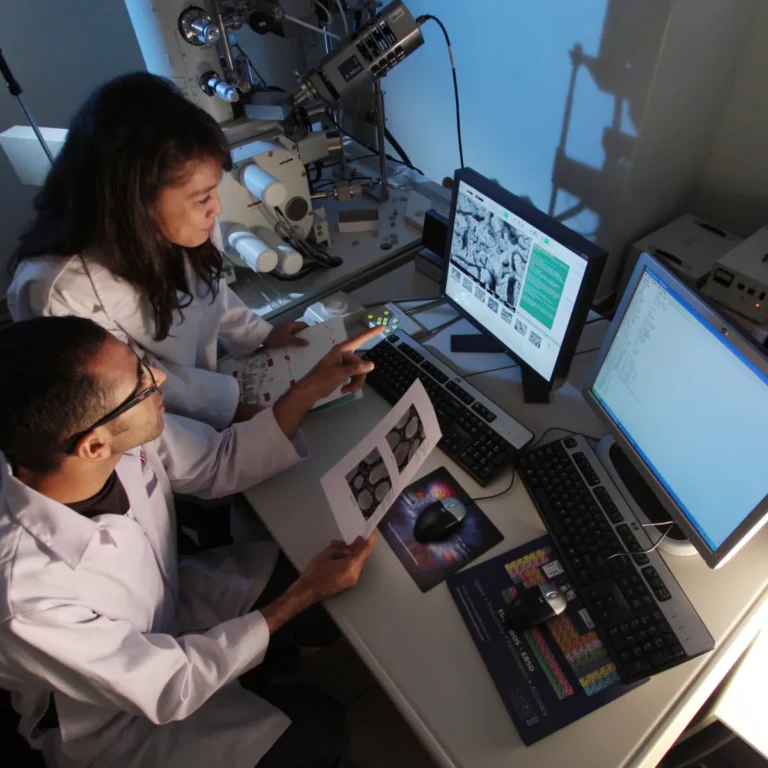 Researchers reviewing samples at a laboratory workstation